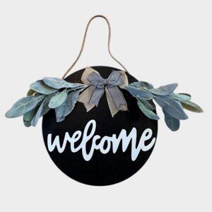 Rustic Round “Welcome” Door Hanger Sign with Greenery & Burlap Bow – Farmhouse W